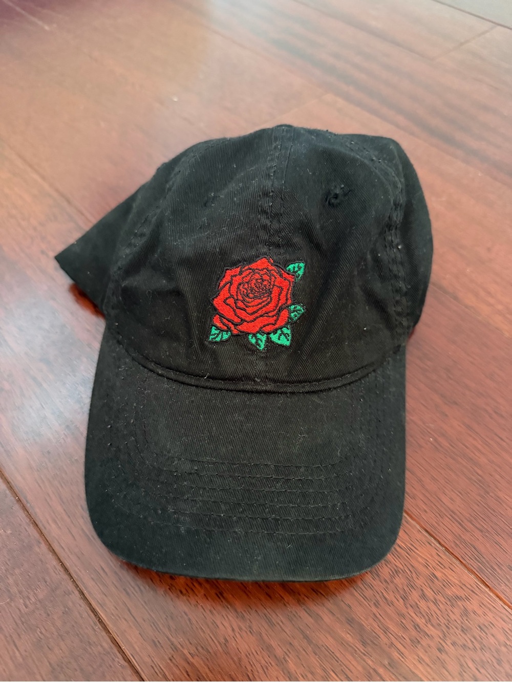 Black Baseball Cap with Red Rose Embroidery